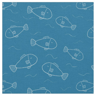 Tecido Peixe Branco Fofo Impresso em Azul Oceano