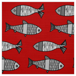 Tecido Peixe Moderno Retroativo, Vermelho Profundo e Cinz