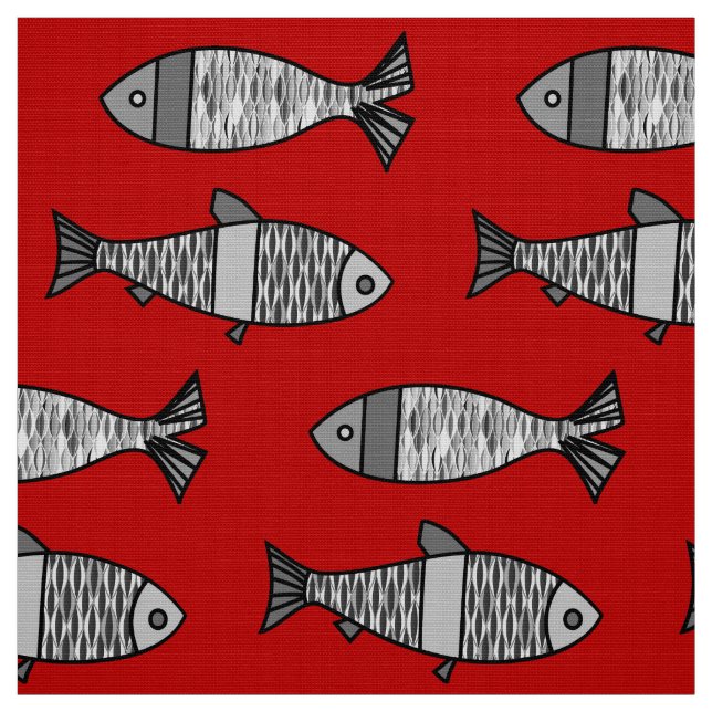 Tecido Peixe Moderno Retroativo, Vermelho Profundo e Cinz (Modelo)