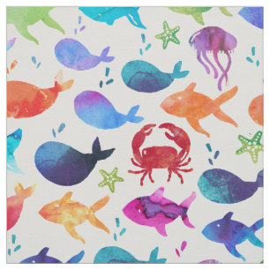 Tecido Peixes de aquarela arco-íris sob o oceano marinho