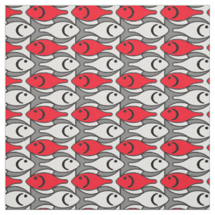 Tecido Peixes modernos do meio século, vermelho e