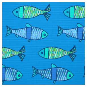 Tecido Peixes modernos retros, turquesa e azul Cerulean