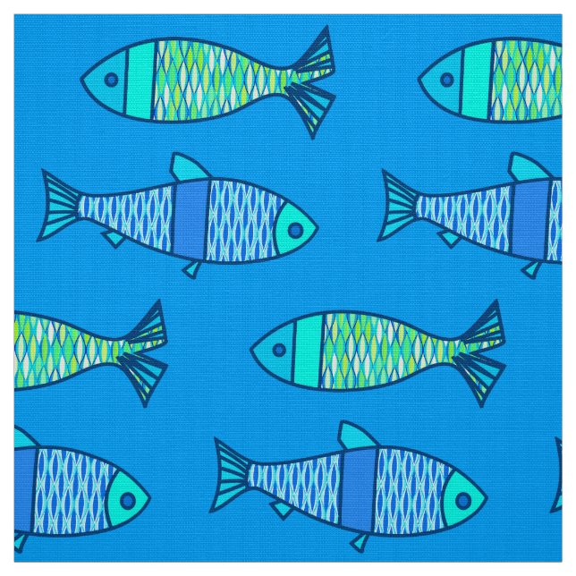 Tecido Peixes modernos retros, turquesa e azul Cerulean (Modelo)