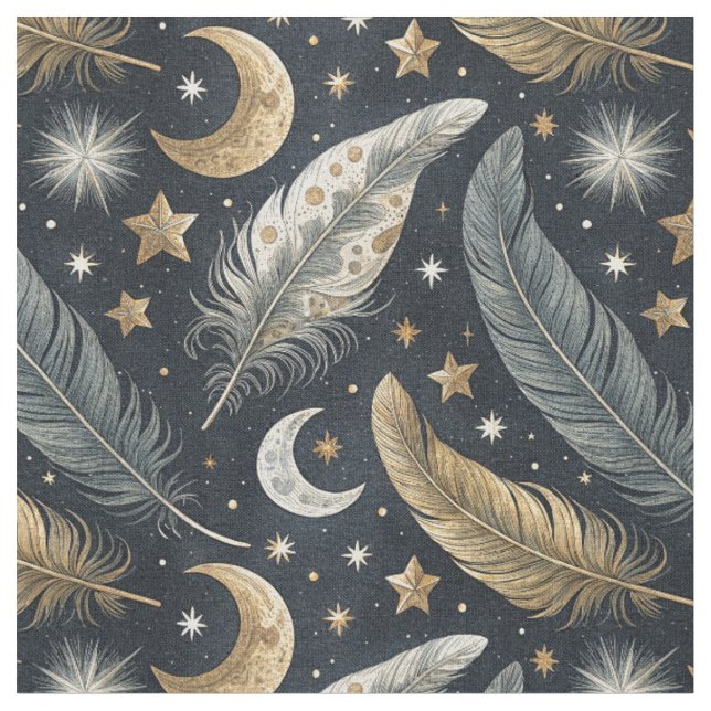 Tecido Penas Mágicas Celestiais com Padrão de Lua e Estre (Detalhe)
