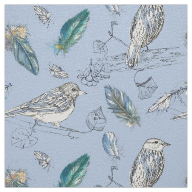 Tecido Penas Pássaros Saem Azul Natureza Desenho (Modelo)