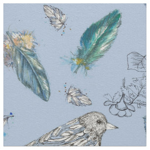 Tecido Penas Pássaros Saem Azul Natureza Desenho