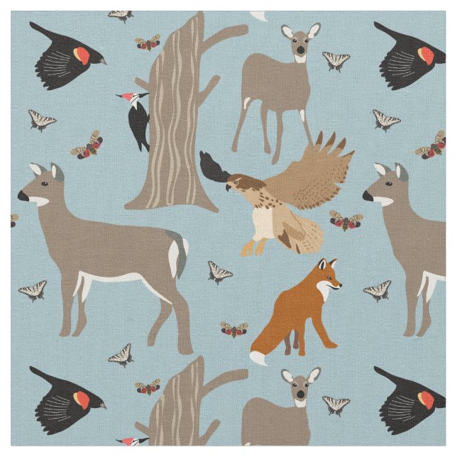 Tecido Pennsylvania Wildlife Deer, Fox, Birds Pattered (Detalhe)