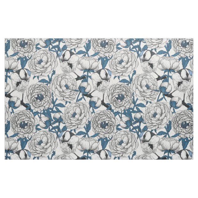 Tecido Pêonias brancas e pássaros-tetas azuis (Fat Quarter)