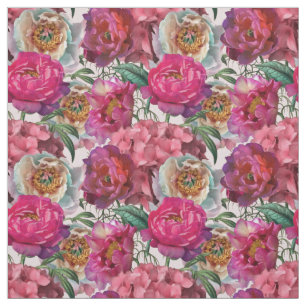 Tecido Pêonias Cor-de-Rosa Vermelha e Flores de Hydrangea