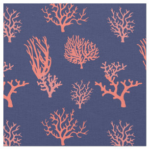 Tecido Pêssego Coral e Azul Marinho Padrão
