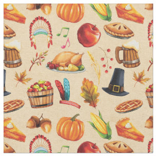 Tecido Pie Turkey Pumpkin Padrão de Ação de Graças