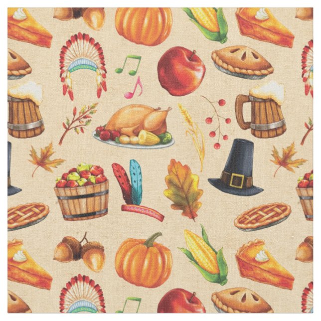 Tecido Pie Turkey Pumpkin Padrão de Ação de Graças (Detalhe)