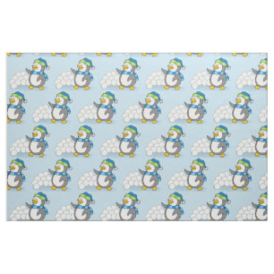 Tecido Pinguim pequeno com bolas de neve acenando