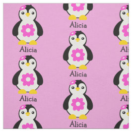Tecido Pinguins-bebê bonitos com flores rosa