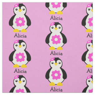 Tecido Pinguins-bebê bonitos com flores rosa