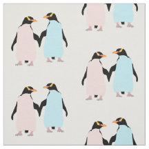 Pinguins cor-de-rosa e azuis de mãos dadas.