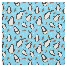 Tecido Pinguins de Natal Lindos Padrão Azul Claro