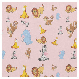 Tecido Pink Cute safari — padrão animal Girafa, elefan