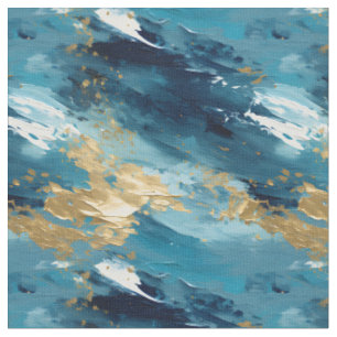 Tecido Pintura Abstrata Azul, Branco e Dourado