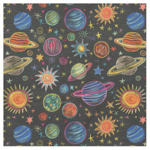 Tecido Planetas Crayon e sol em padrão espacial