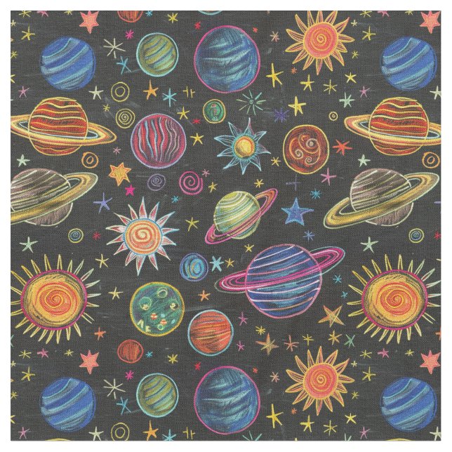 Tecido Planetas Crayon e sol em padrão espacial (Detalhe)