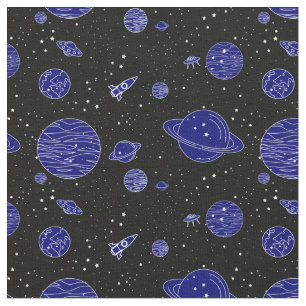Tecido Planetas espaciais foguetes estrelas em preto