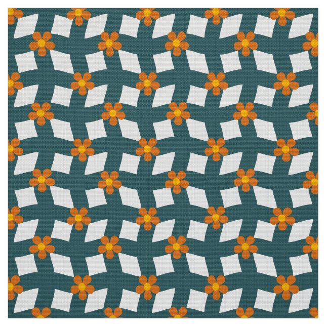 Tecido Poplin com Grade Floral Laranja Turquesa (Modelo)