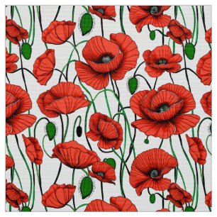 Tecido Poppies vermelhos num campo de branco