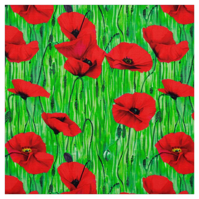 Tecido Poppies vermelhos num campo verde (Modelo)