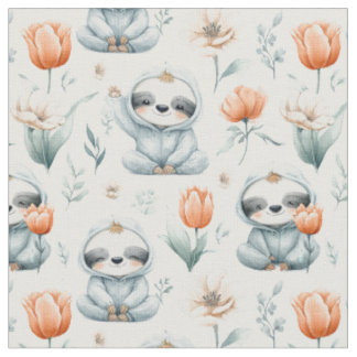 Tecido Preguiças Bebês e tulipas