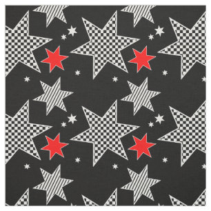 Tecido Preto, Branco, Estrelas Vermelhas