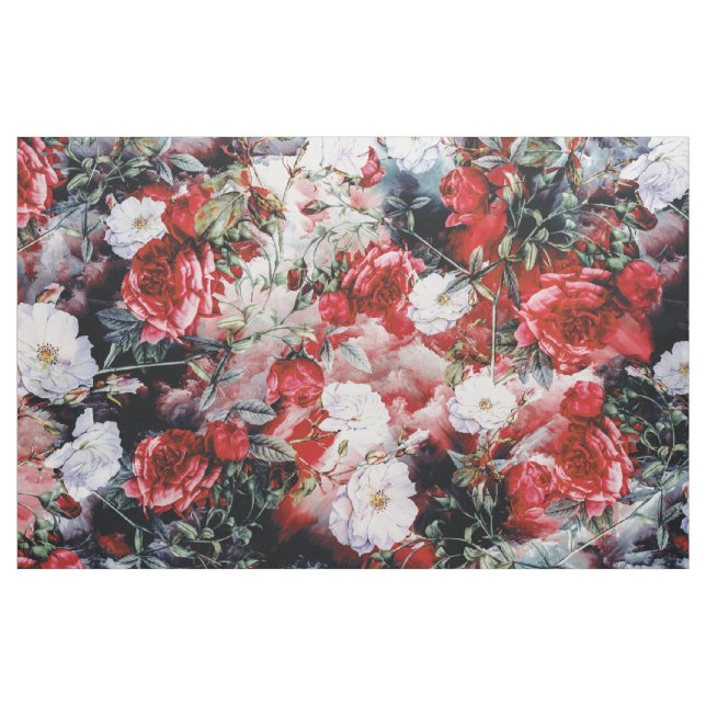 Tecido preto branco vermelho floral dos rosas do (Jarda)