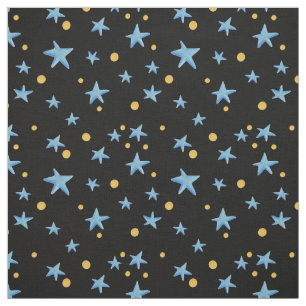 Tecido Preto com estrelas azuis e pontos amarelos