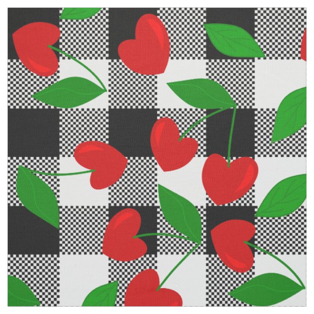 Tecido preto gingham forma de coração rockabilly cereja (Modelo)