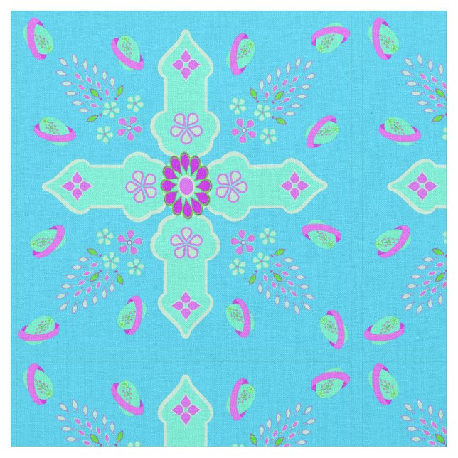 Tecido Primavera Árabe da Vida Floral Cross Teal Lilac (Detalhe)