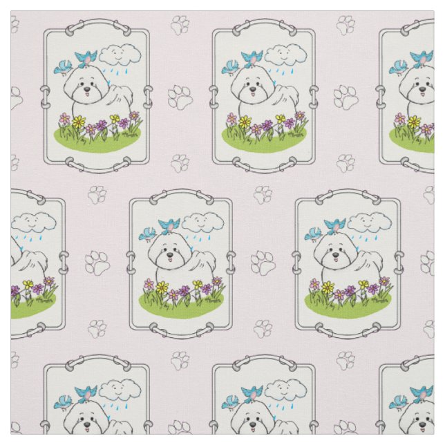 Tecido Primavera Bichon Frise Dog com Flores - Cute (Modelo)