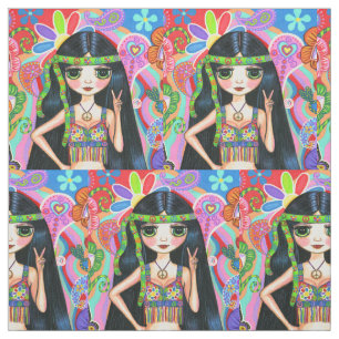 Tecido Psicodélico Hippie Girl Headband Sinal de Paz 1960