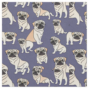 Tecido Pug Adorável com Fundo Azul