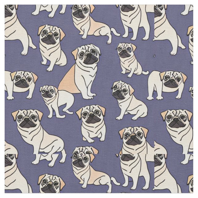 Tecido Pug Adorável com Fundo Azul (Detalhe)