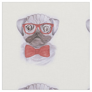 Tecido Pug de aquarela engraçada, cãozinho, com óculos