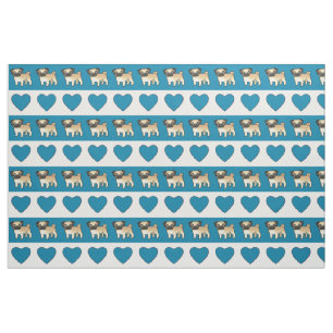 Tecido Pugs e corações - azul