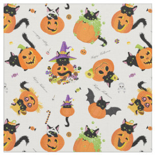 Tecido Pumpkin Preto de Gato de Halloween