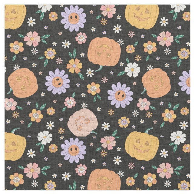 Tecido Pumpkins e Flores do Halloween Retro (Detalhe)