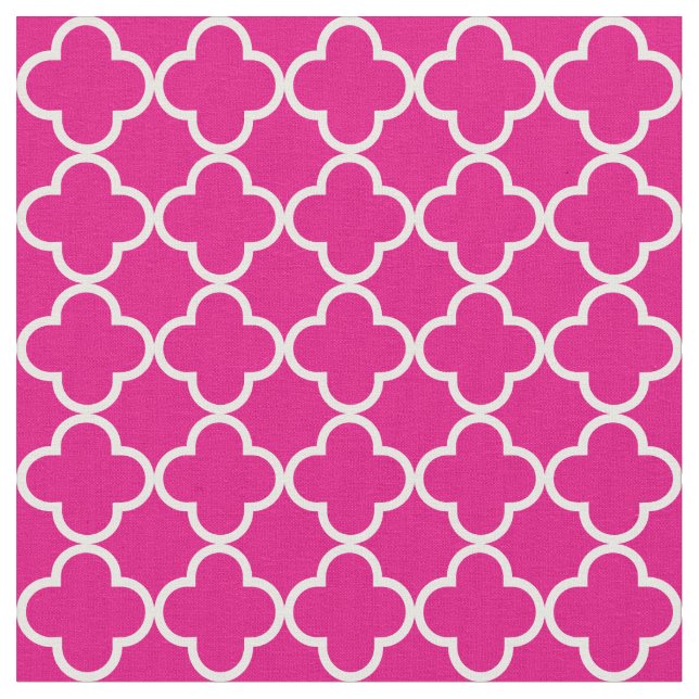 Tecido Quatrefoil Simples, Rosa Quente e Branco (Detalhe)