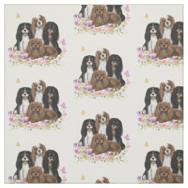 Tecido Quatro Cavaleiros, Rei Charles Spaniels, em Flores