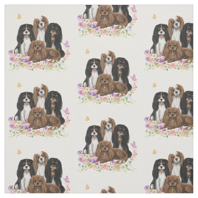 Tecido Quatro Cavaleiros, Rei Charles Spaniels, em Flores (Modelo)