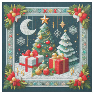 Tecido Quilt Look Christmas Scene Moon and Trees