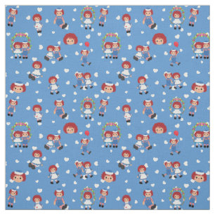 Tecido Raggedy Ann e Andy em Corações Caindo em Azul