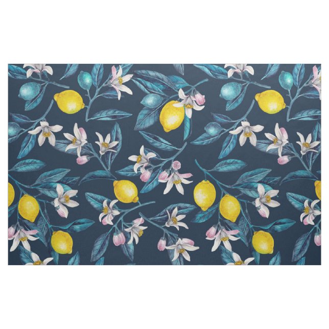 Tecido Ramos de limão com flores e fruta em azul (Fat Quarter)