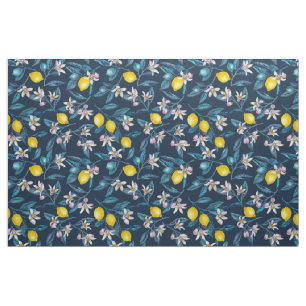 Tecido Ramos de limão com flores e fruta em azul